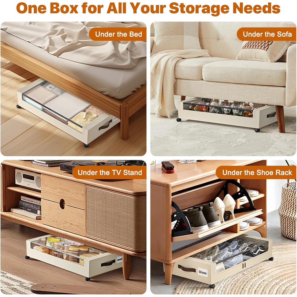 White 4 Pack 60L Under Bed Storage Bins with Wheels and Clear Lids D491