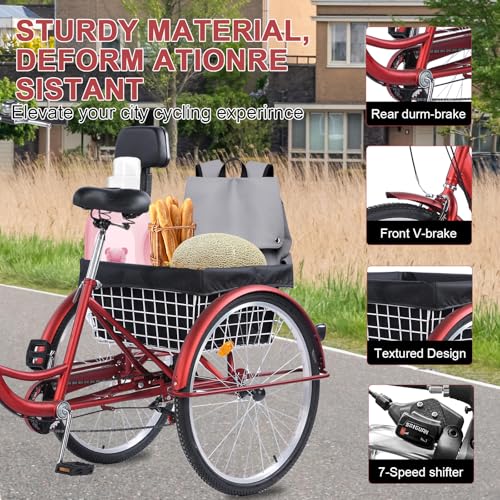 24/26-Inch 3-Wheel Adult Tricycle with 7-Speed Gearing and Basket K5580