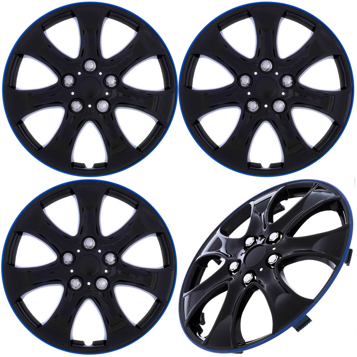 Universal 15" Shiny Black Blue Trim Wheel Covers Set of 4 N9927