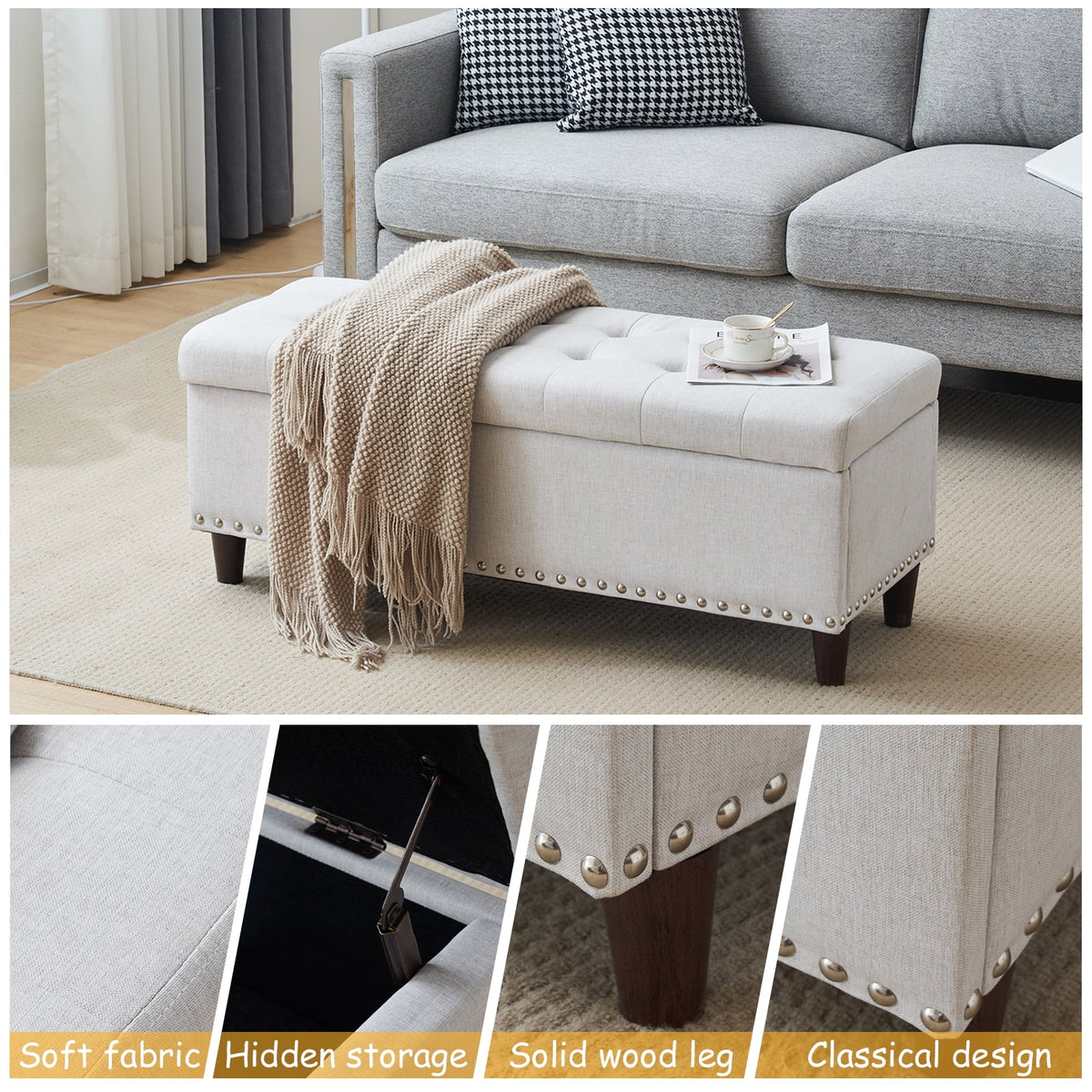 Off-White Linen Upholstered Storage Bench W2719