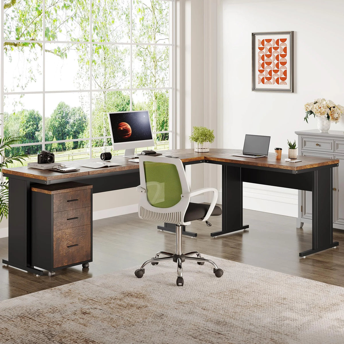 83" L-Shaped Executive Desk with 3-Drawer File Cabinet S38395