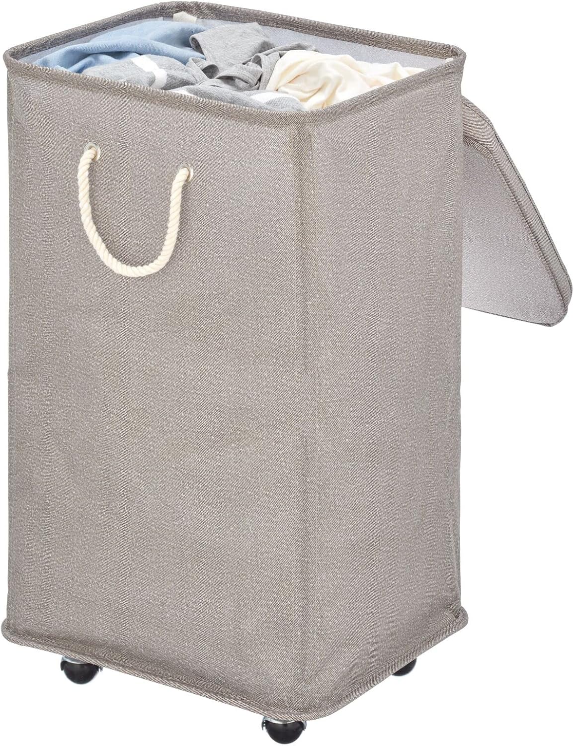 Gray Polyester Portable Laundry Hamper with Wheels and Lid U2586