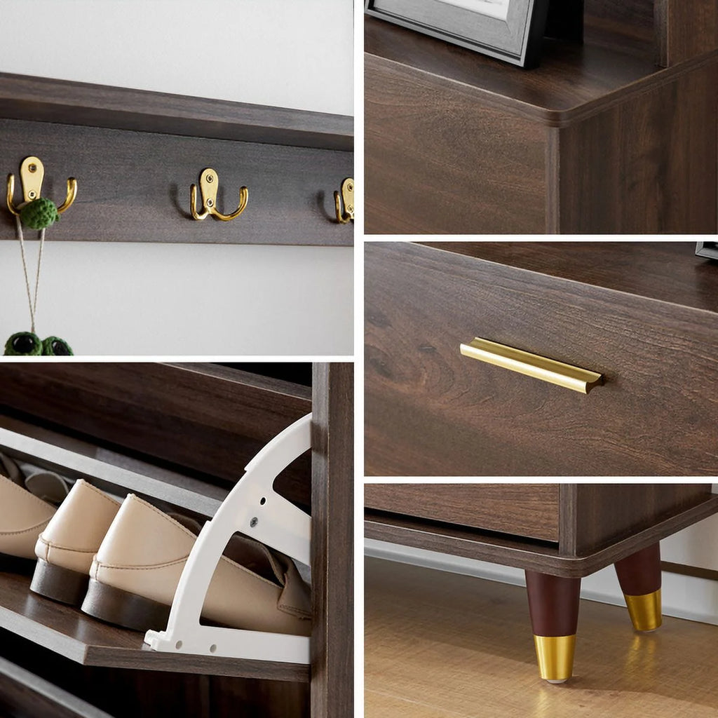 Brown Hall Tree with 12 Hooks & 3 Shoe Cabinets I40079