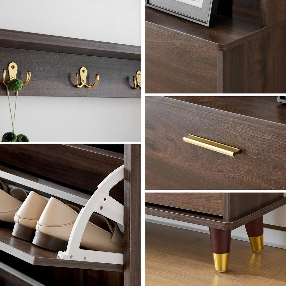 Brown Hall Tree with 12 Hooks & 3 Shoe Cabinets I40079