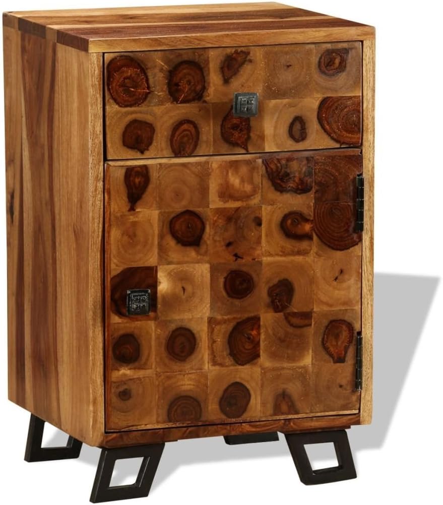 Solid Sheesham Wood Nightstand with Iron Legs and Storage Drawer E12327