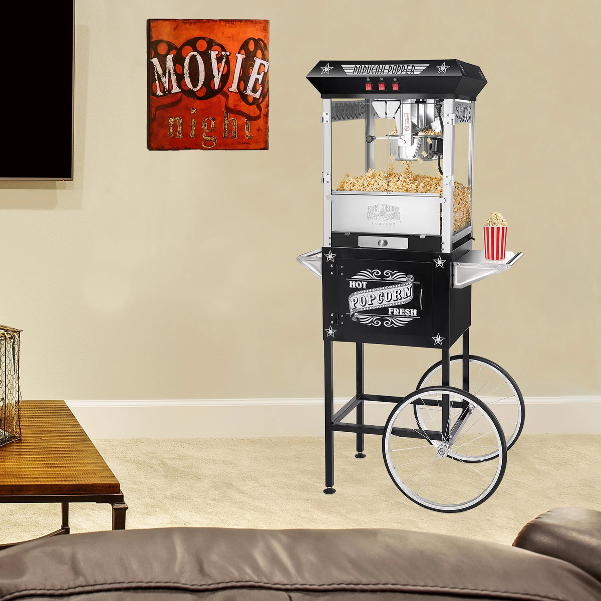 Black Antique Style 8oz Popcorn Popper Machine with Cart V745
