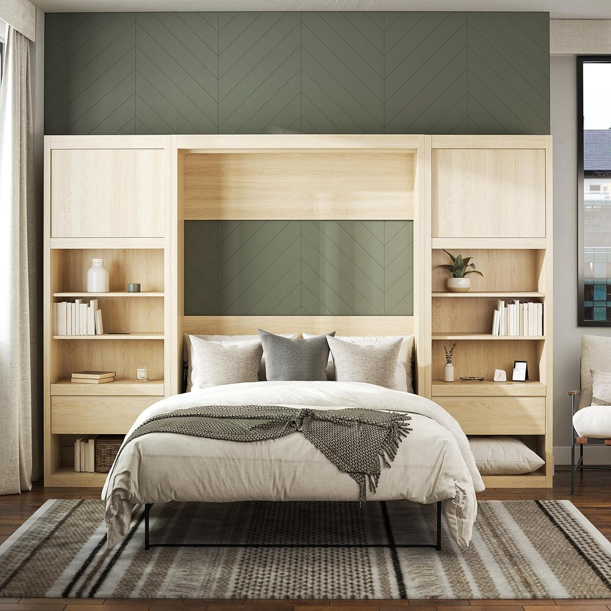 Full Size Murphy Wall Bed with Storage in Light Oak U6162