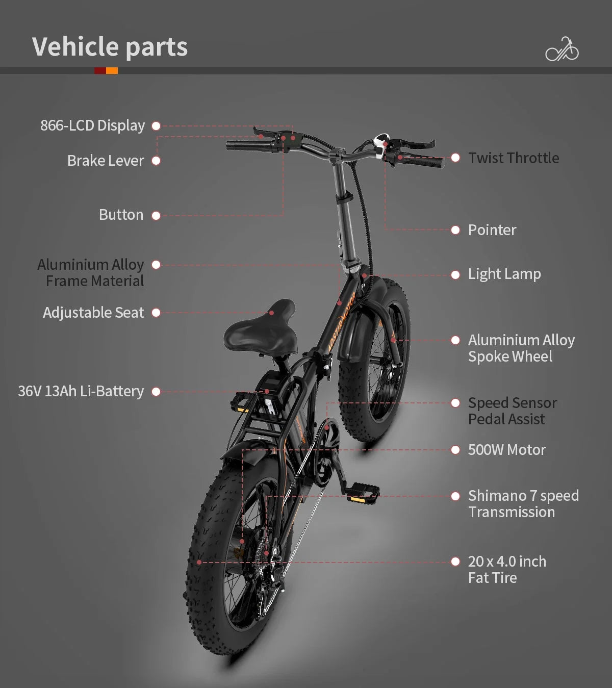 Folding Electric Bike 500W Motor 20" Fat Tire 36V/13Ah Li-Battery O1436