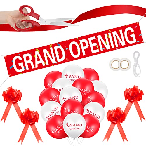 Red Grand Opening Ribbon Cutting Ceremony Kit with 10'' Scissors 40 Pcs Balloons Satin Ribbon Bows V83661
