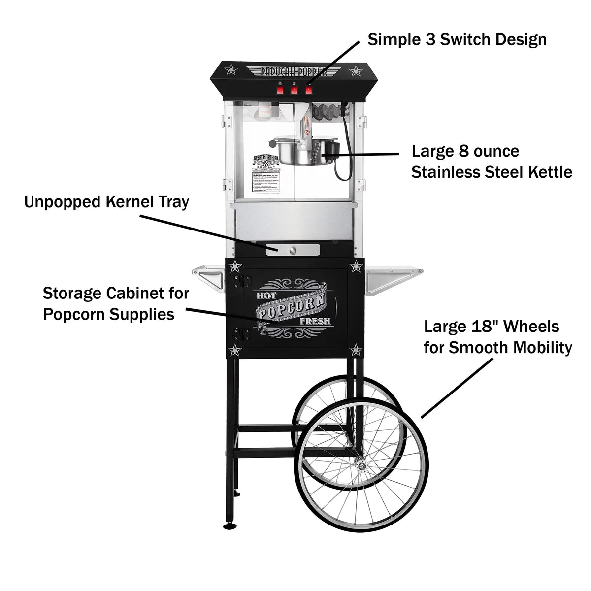 Black Antique Style 8oz Popcorn Popper Machine with Cart V745