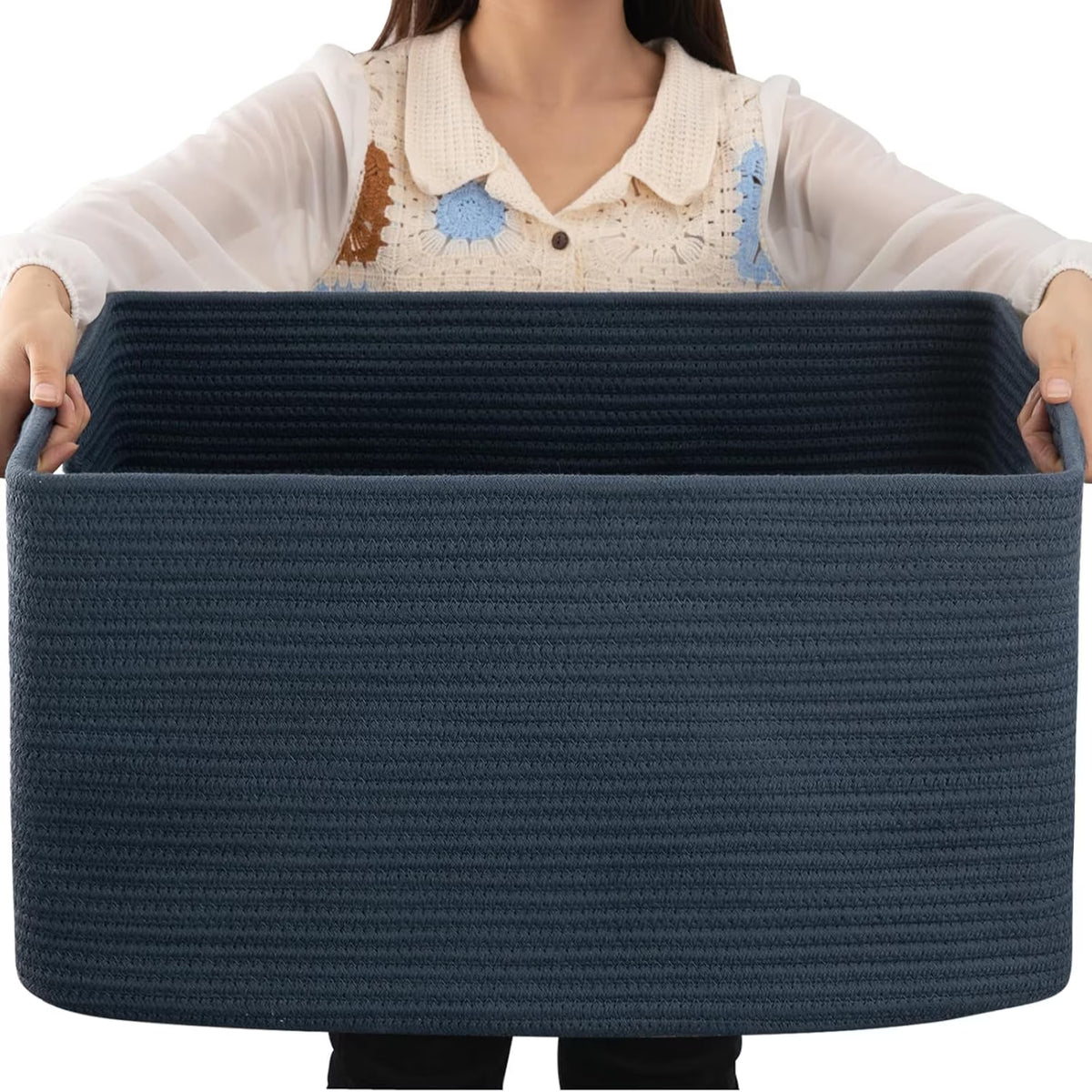 75L Large Woven Cotton Rope Blanket Storage Basket with Handle G729