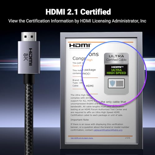 8K HDMI 2.1 Cable 48Gbps 16FT Certified Ultra High Speed HDMI Cord Aluminum B329439