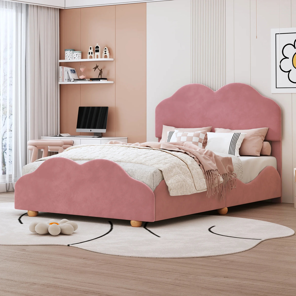 Dark Pink Upholstered Full Size Platform Bed Frame with Headboard B202681