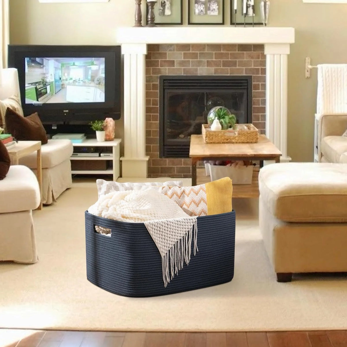 75L Large Woven Cotton Rope Blanket Storage Basket with Handle G729