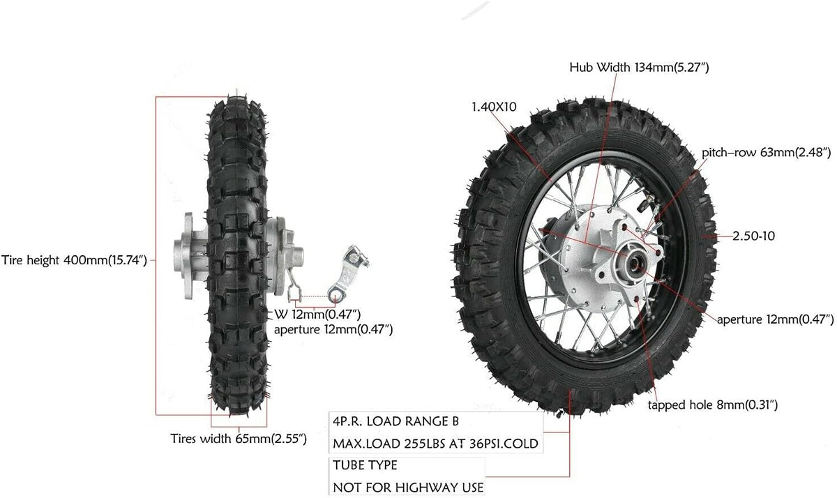 2.5-10" Rear Wheel Tire Assembly for Dirt Pit Bike K247130