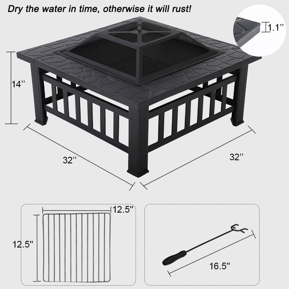32'' Black Metal Square Wood Burning Fire Pit O439175