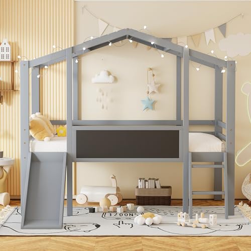 White Twin Low Loft Bed with Slide and Storage Shelves L4881