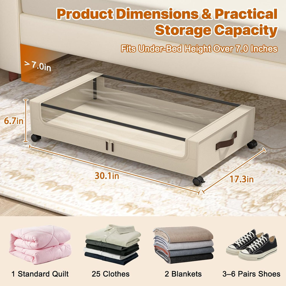 White 4 Pack 60L Under Bed Storage Bins with Wheels and Clear Lids D491