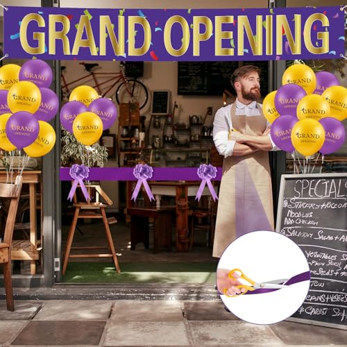 Red Grand Opening Ribbon Cutting Ceremony Kit with 10'' Scissors 40 Pcs Balloons Satin Ribbon Bows V83661
