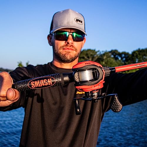 Fluorescent Red Baitcast Reel and Fishing Rod Combo D462