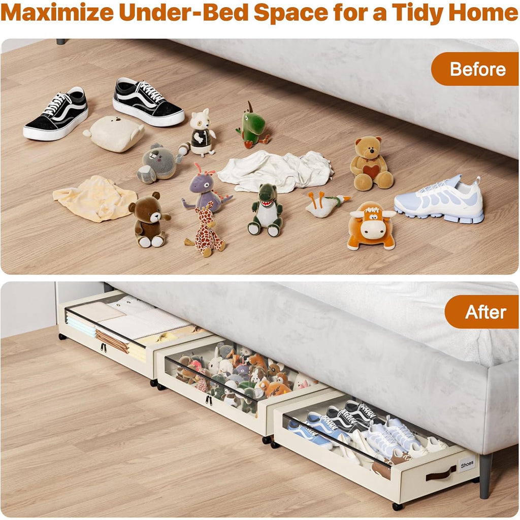 White 4 Pack 60L Under Bed Storage Bins with Wheels and Clear Lids D491