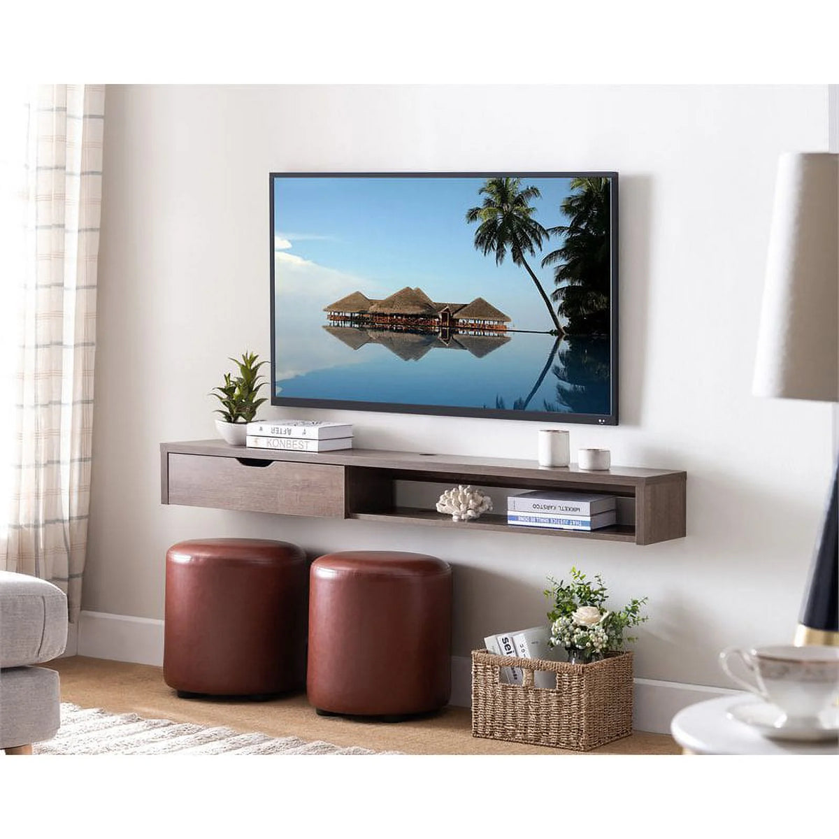 Walnut Oak Wood Floating TV Stand with Storage V524