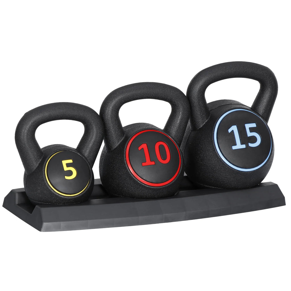 3 Piece 5lb 10lb 15lb Kettlebell Set with Storage Rack F92661