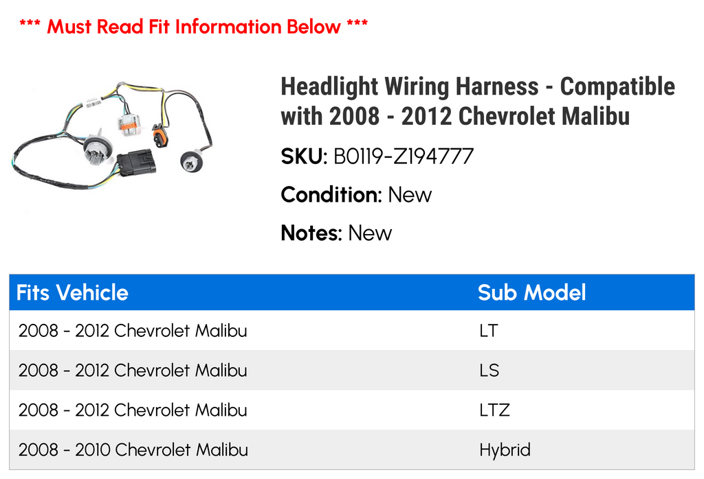 Headlight Wiring Harness for 2008-2012 Chevy Malibu Y331