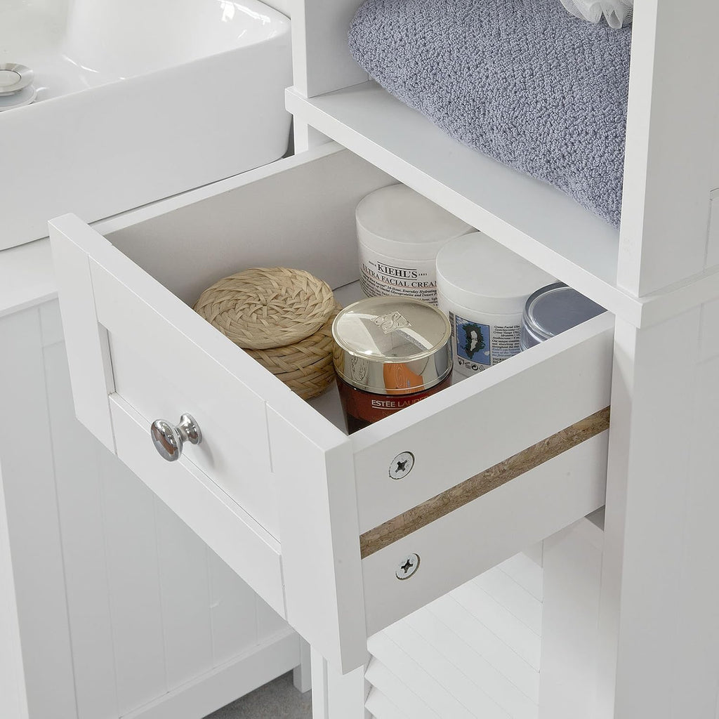 White Floor Standing Tall Bathroom Storage Cabinet with Shelves and Drawers R24554