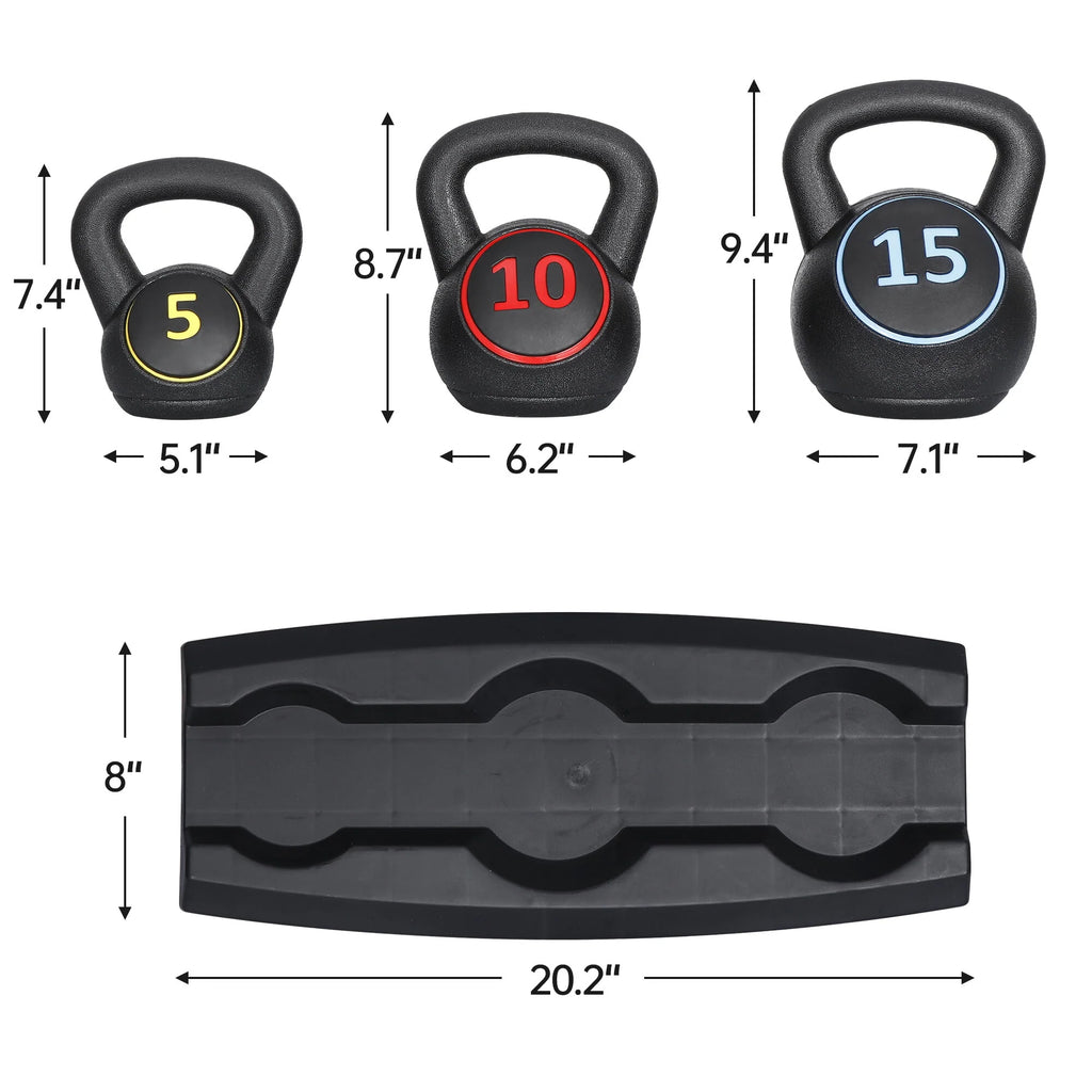 3 Piece 5lb 10lb 15lb Kettlebell Set with Storage Rack F92661