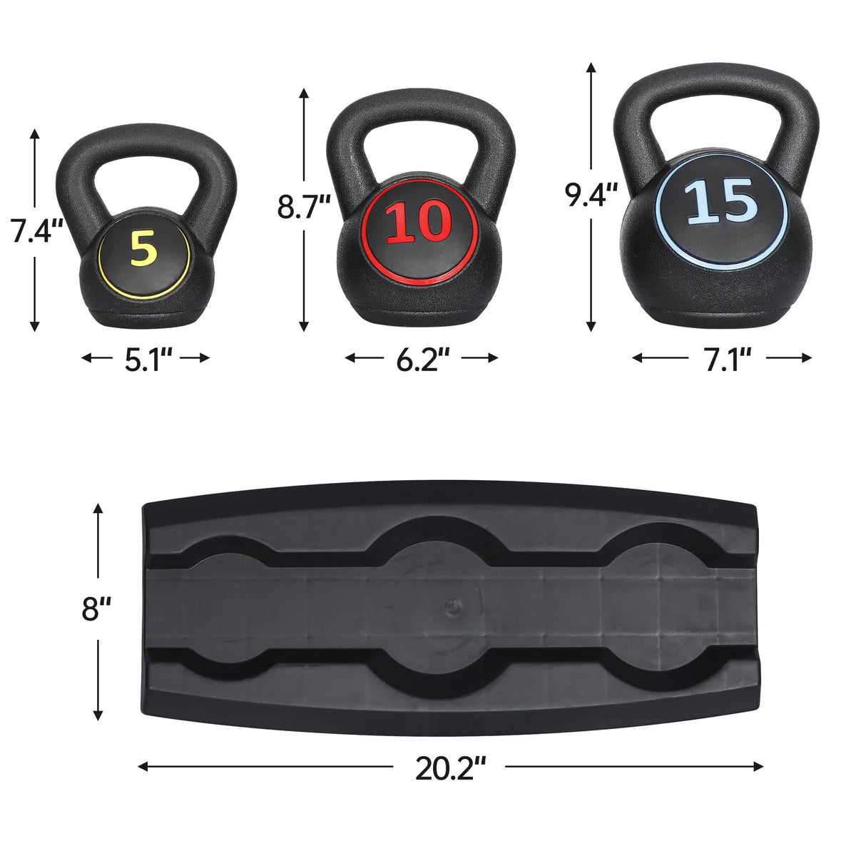 3 Piece 5lb 10lb 15lb Kettlebell Set with Storage Rack F92661