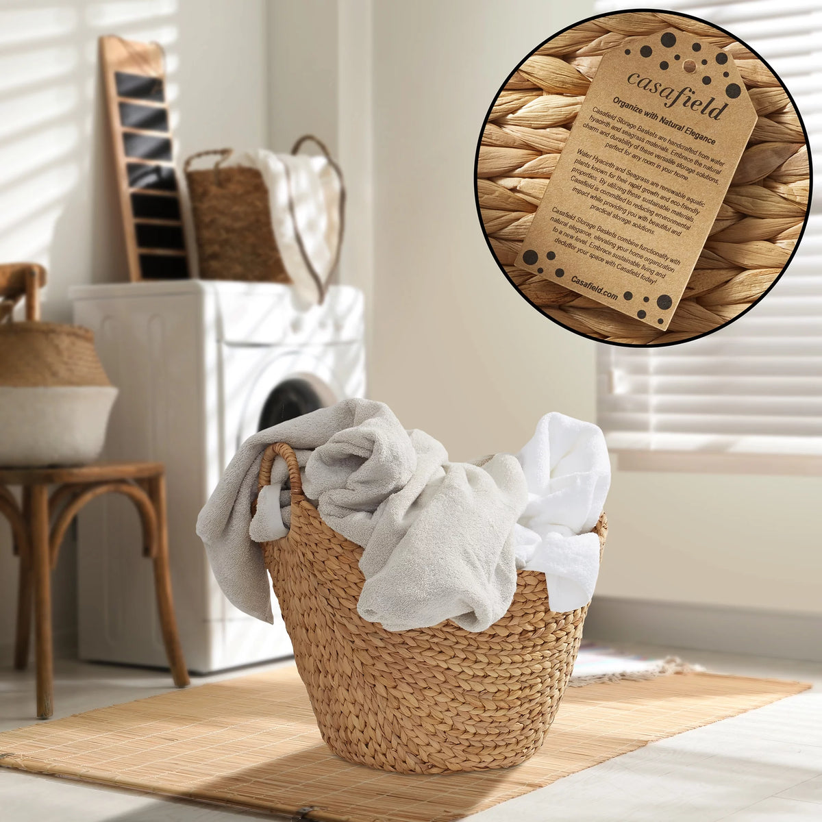 Large Woven Water Hyacinth Laundry Basket with Handles H51956