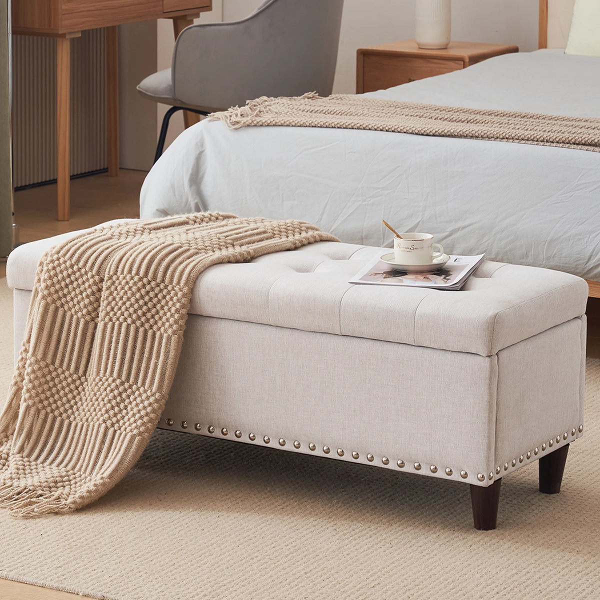 Off-White Linen Upholstered Storage Bench W2719