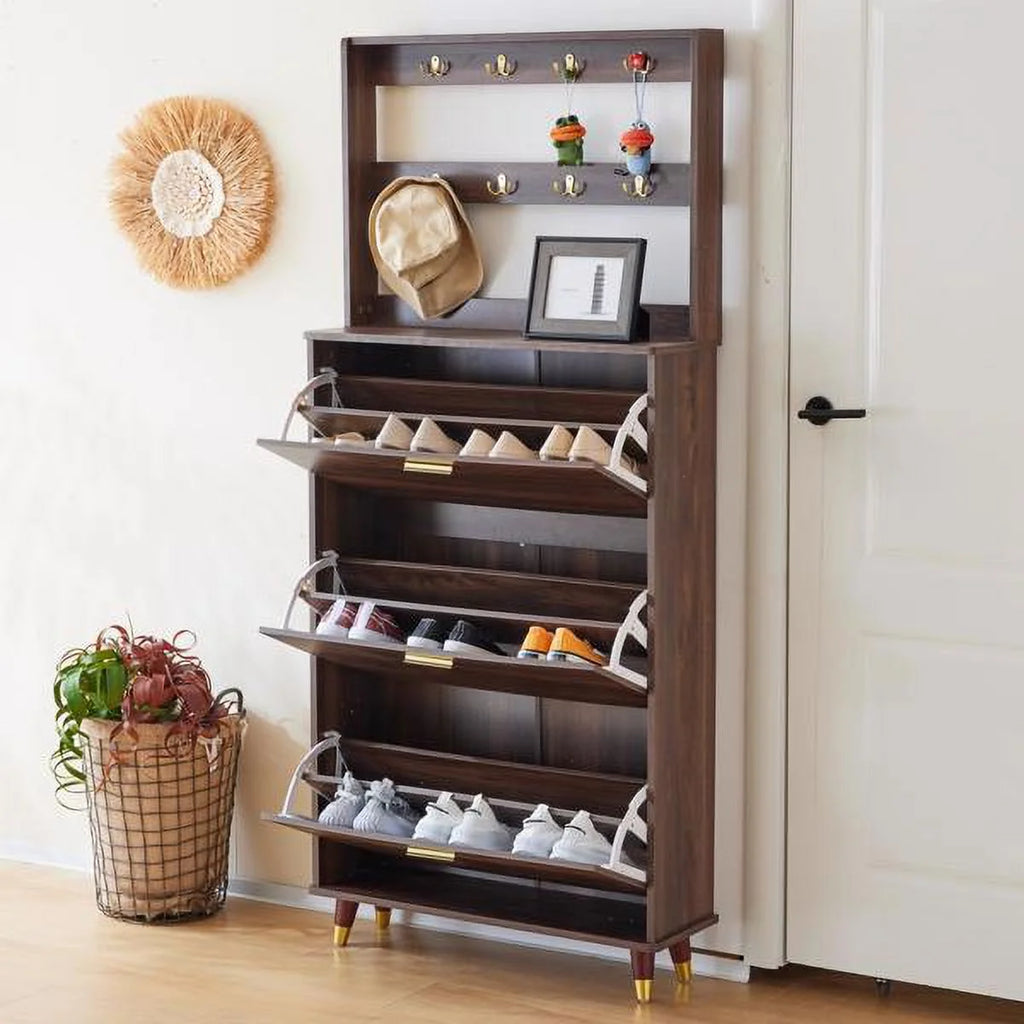 Brown Hall Tree with 12 Hooks & 3 Shoe Cabinets I40079