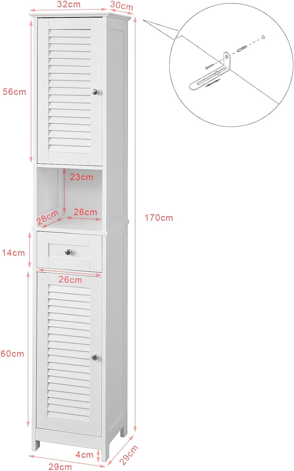 White Floor Standing Tall Bathroom Storage Cabinet with Shelves and Drawers R24554