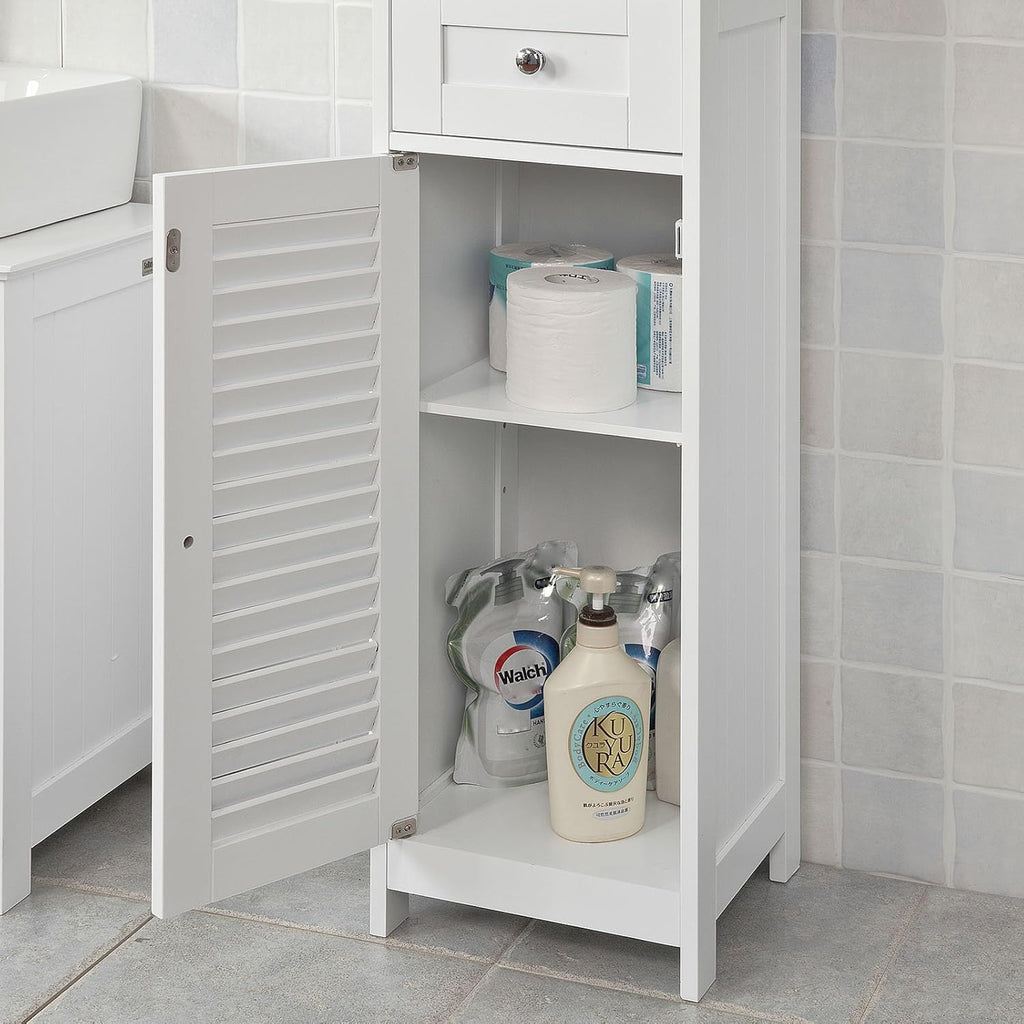White Floor Standing Tall Bathroom Storage Cabinet with Shelves and Drawers R24554
