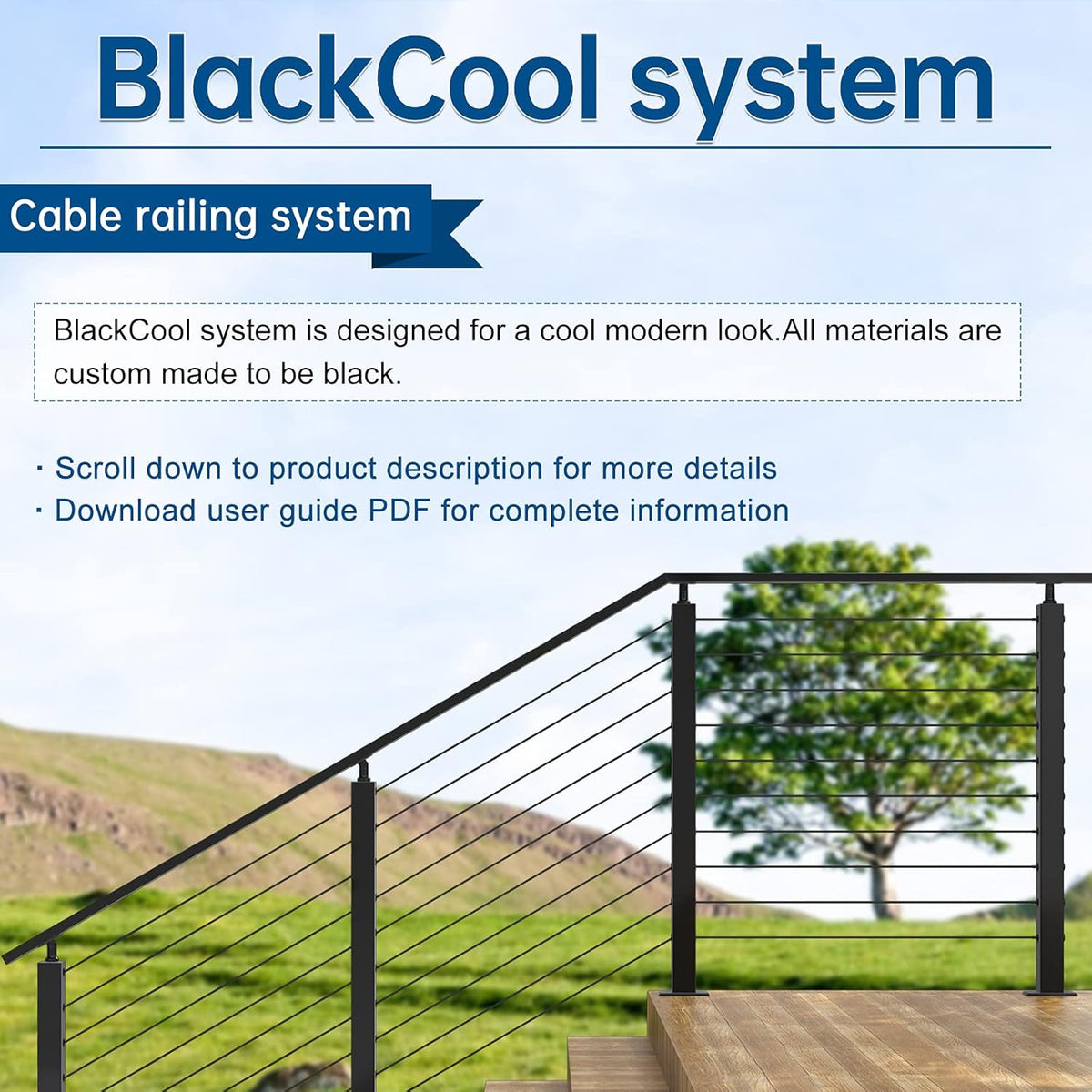 Black 30 Degree Stair Pre-Drilled Angle Holes 36x2x2 Stainless Steel Square Weldless Cable Railing Post M788814