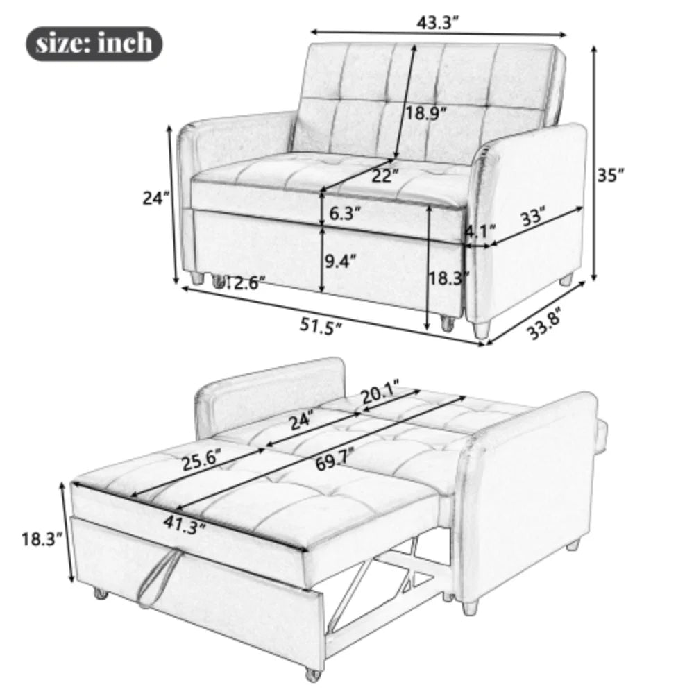 51" Convertible Sleeper Bed, Adjustable Oversized Armchair with Dual USB Ports T5198