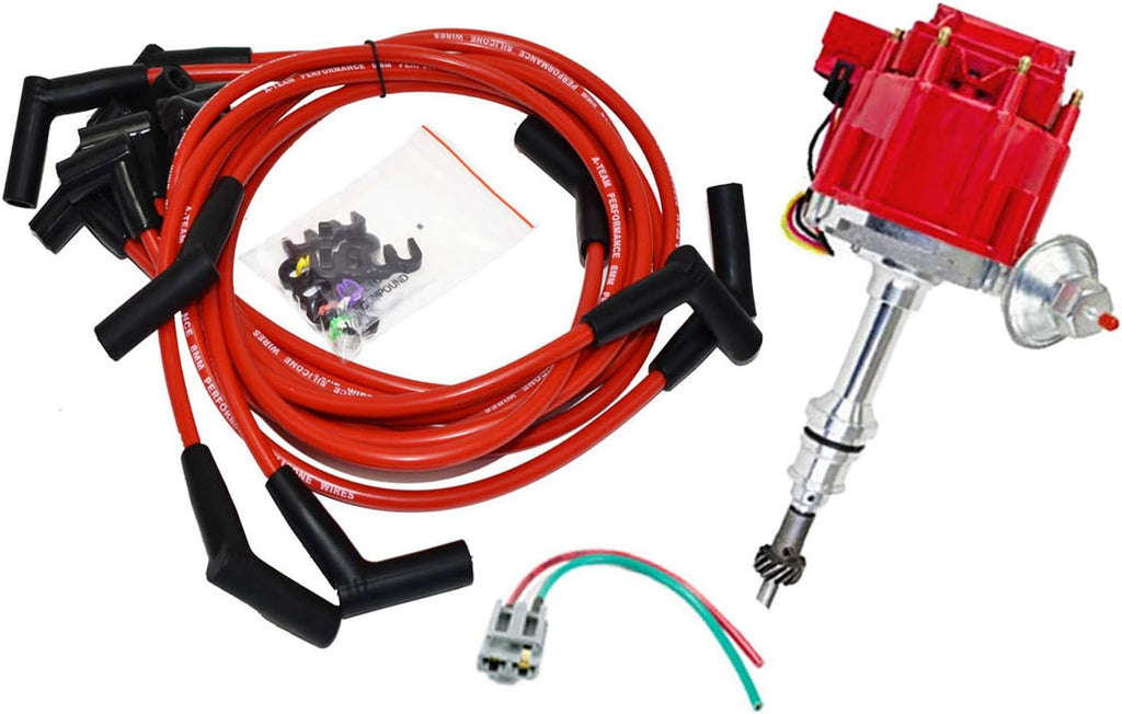 HEI Distributor 65K Coil Complete with 8mm Red Silicone Spark Plug Wires and Battery-Pigtail Harness Kit E23556