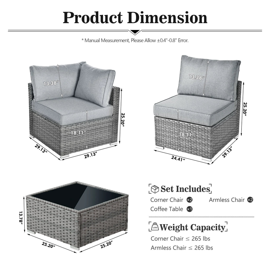 5 Piece Outdoor Patio Furniture Set Wicker Rattan Sectional Couch, Dark Grey Q712563