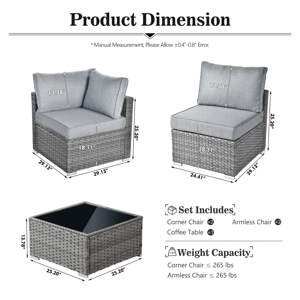 5 Piece Outdoor Patio Furniture Set Wicker Rattan Sectional Couch, Dark Grey Q712563