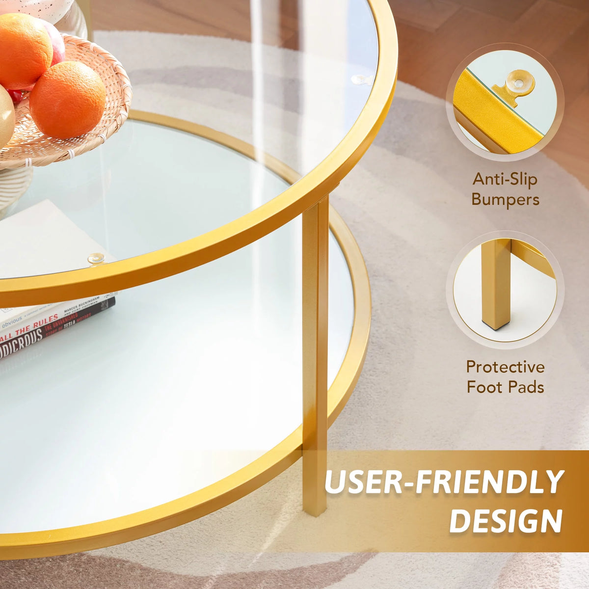 Glass Coffee Table with Storage Shelf Metal Frame Gold Y3890