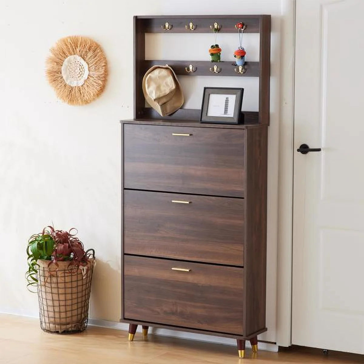 Brown Hall Tree with 12 Hooks & 3 Shoe Cabinets I40079