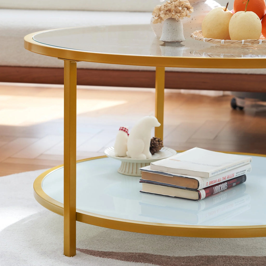 Glass Coffee Table with Storage Shelf Metal Frame Gold Y3890