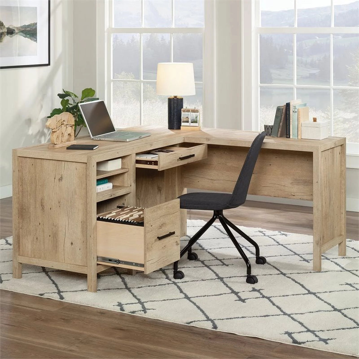 L-Shaped Engineered Wood Home Office Desk in Prime Oak C279