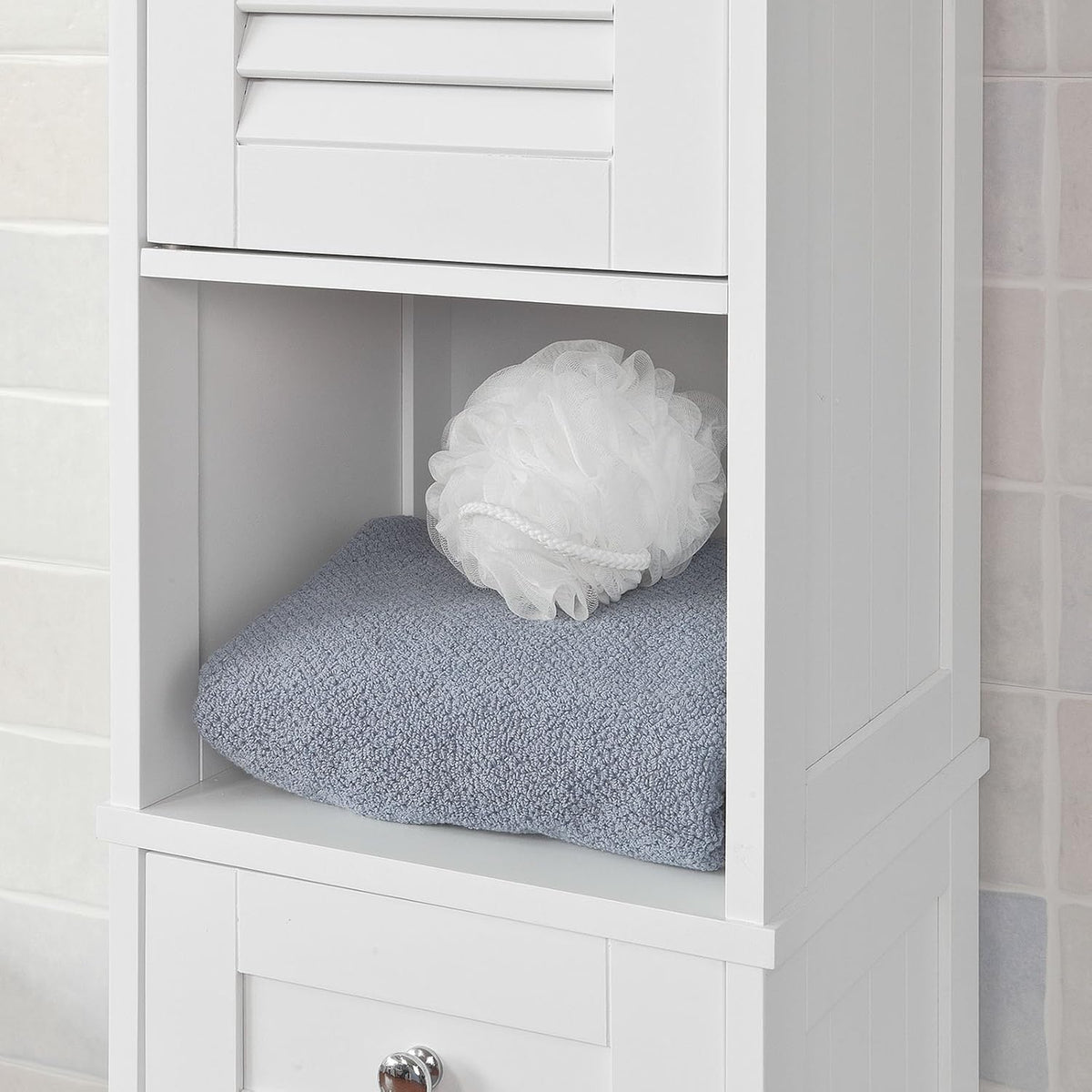 White Floor Standing Tall Bathroom Storage Cabinet with Shelves and Drawers R24554