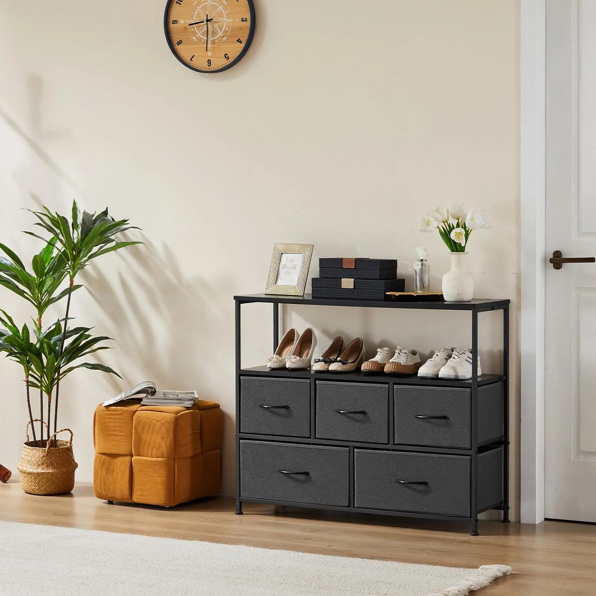 5 Fabric Drawer Dresser with Wood Top and Steel Frame Y670