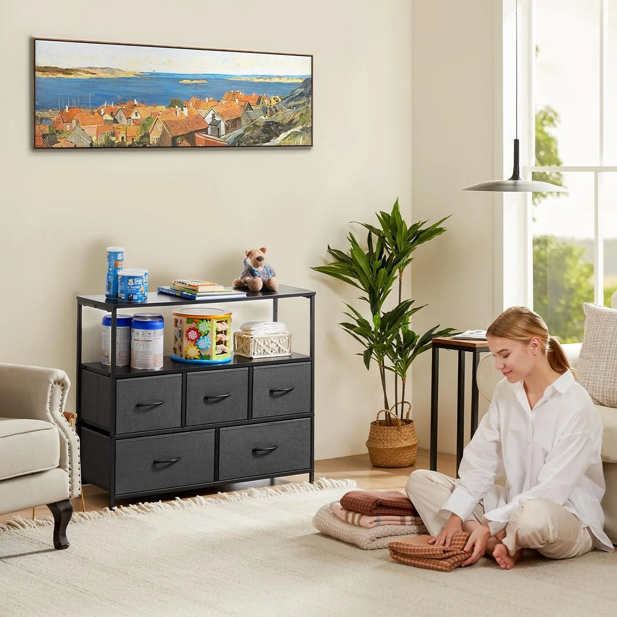 5 Fabric Drawer Dresser with Wood Top and Steel Frame Y670