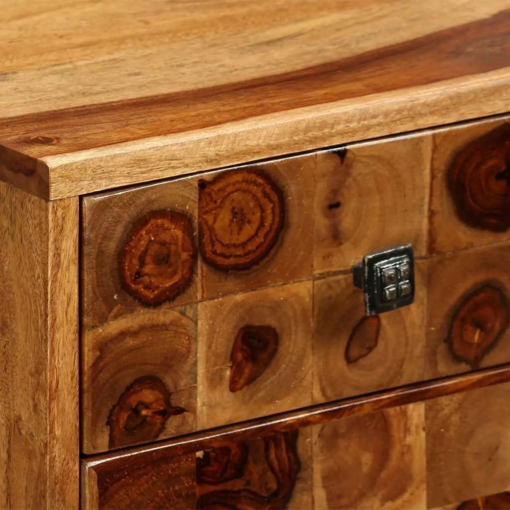 Solid Sheesham Wood Nightstand with Iron Legs and Storage Drawer E12327