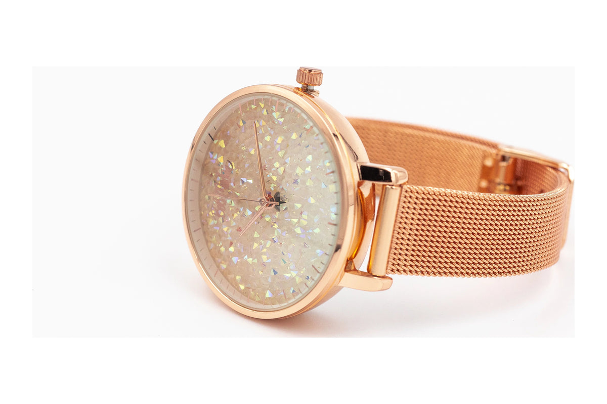 Women's Rose Gold Glitter-Dial Mesh Strap Watch G556217